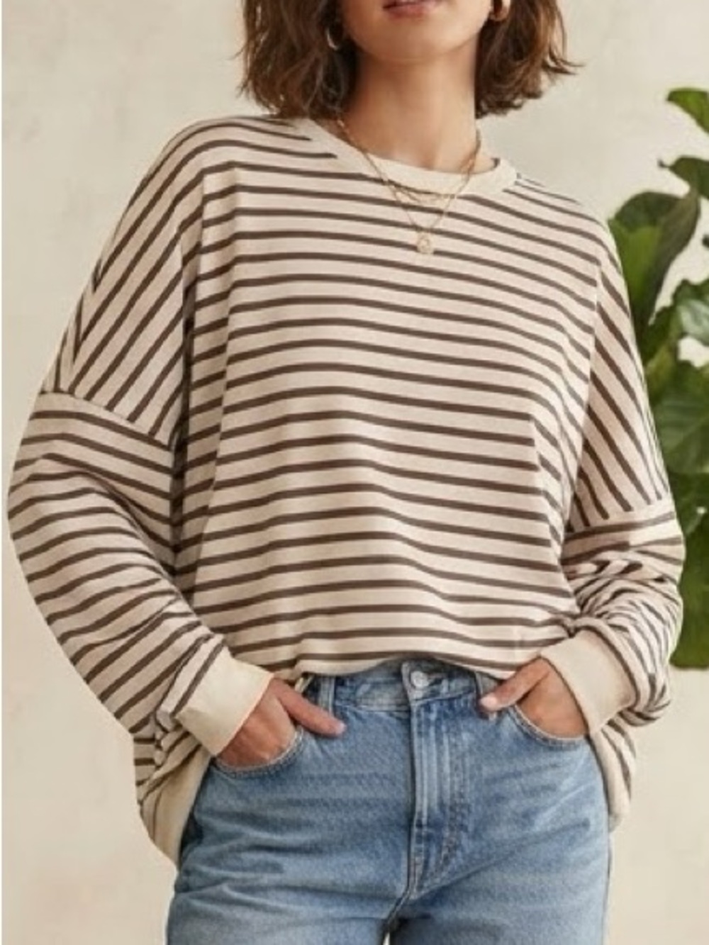 SHEIN Cream and Brown Striped Long Sleeve Tee